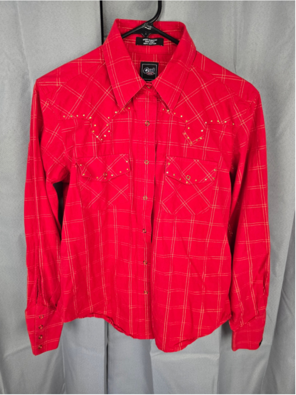 Women's Cruel Girl Button Down Shirt Medium Red Gold Plaid Western